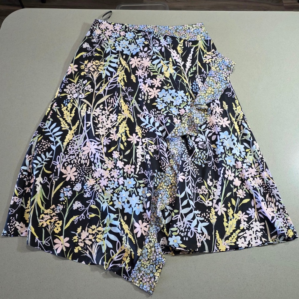 Calvin Klein Floral Ruffle Asymmetrical Midi Skirt Black Multi Color Size 12
